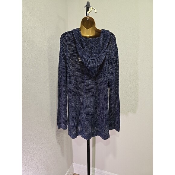 Blue Open Knit Hooded Sweater V Neck Womens Chicos 3 XXL Stretch Coastal Crochet - Picture 4 of 7